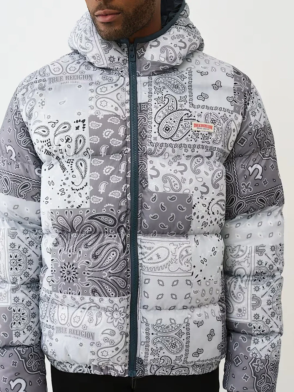 True Religion Hood Puffer Jacket XL Grey Blue Bandana NWT